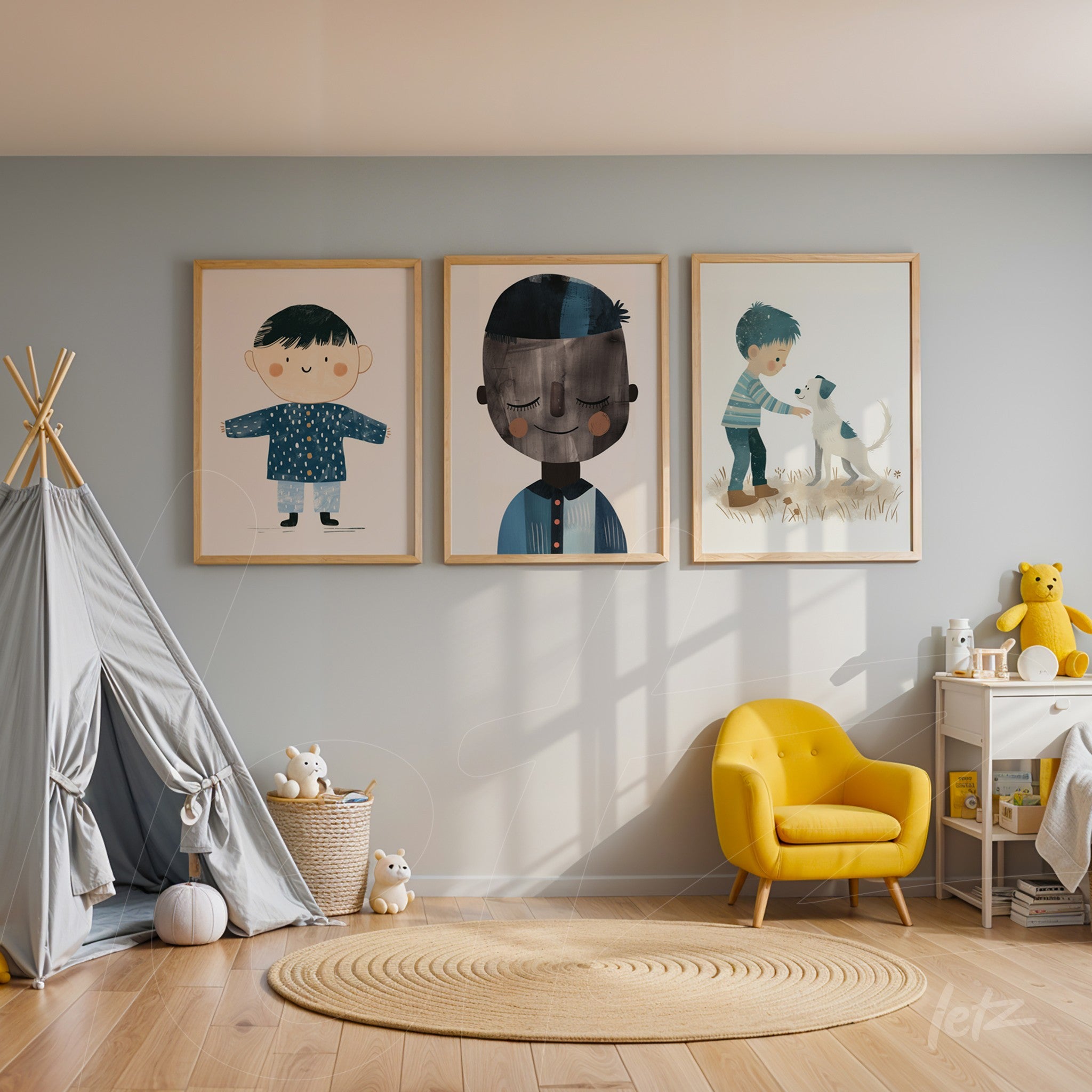 framed wall art collection with playful children's illustrations including kids and a dog on soft blue wall