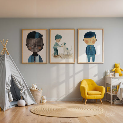 series of three framed illustrations featuring children and a dog in light wooden frames displayed in a children's room with a round rug and yellow chair