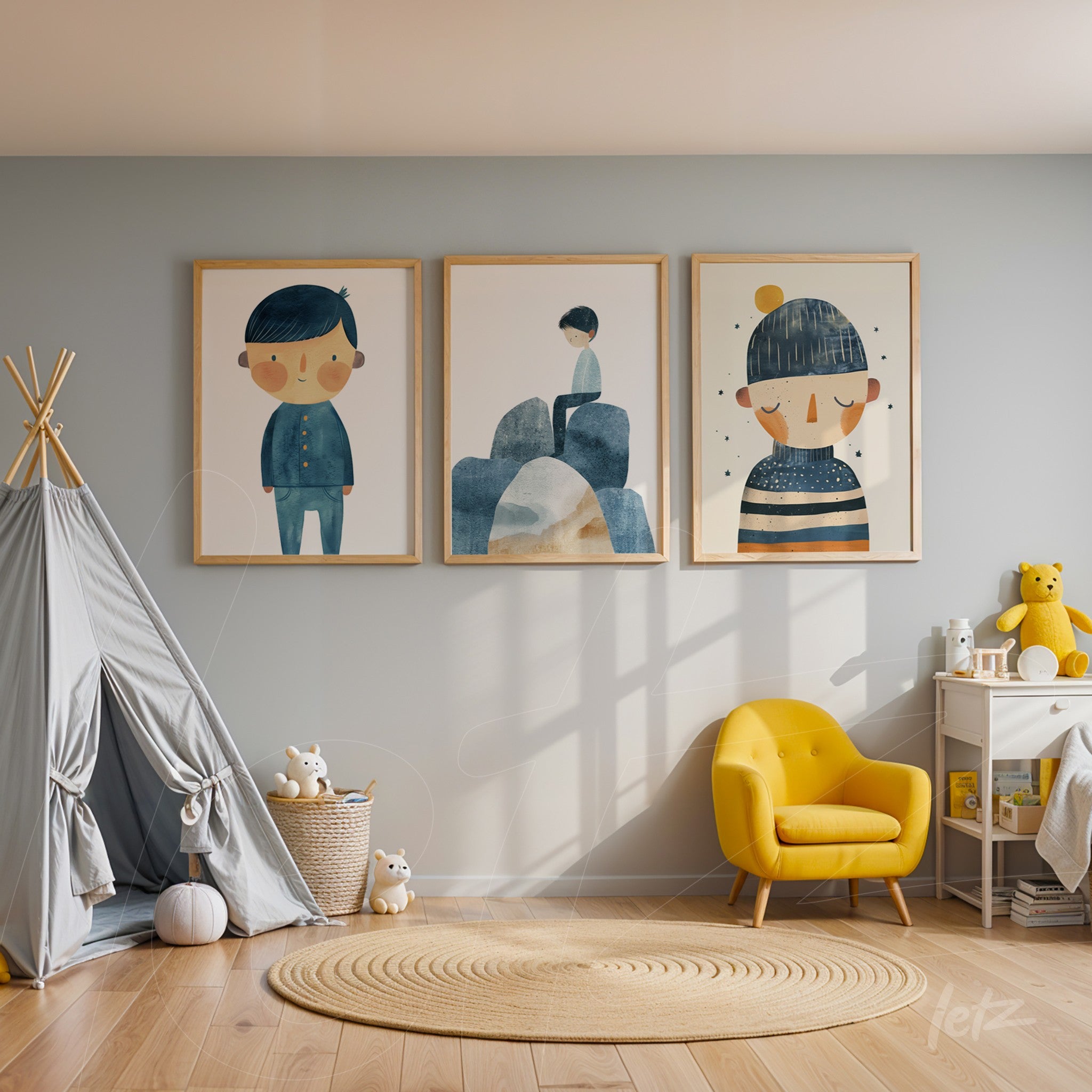 composition of framed illustrations featuring children in light frames displayed on a light blue wall