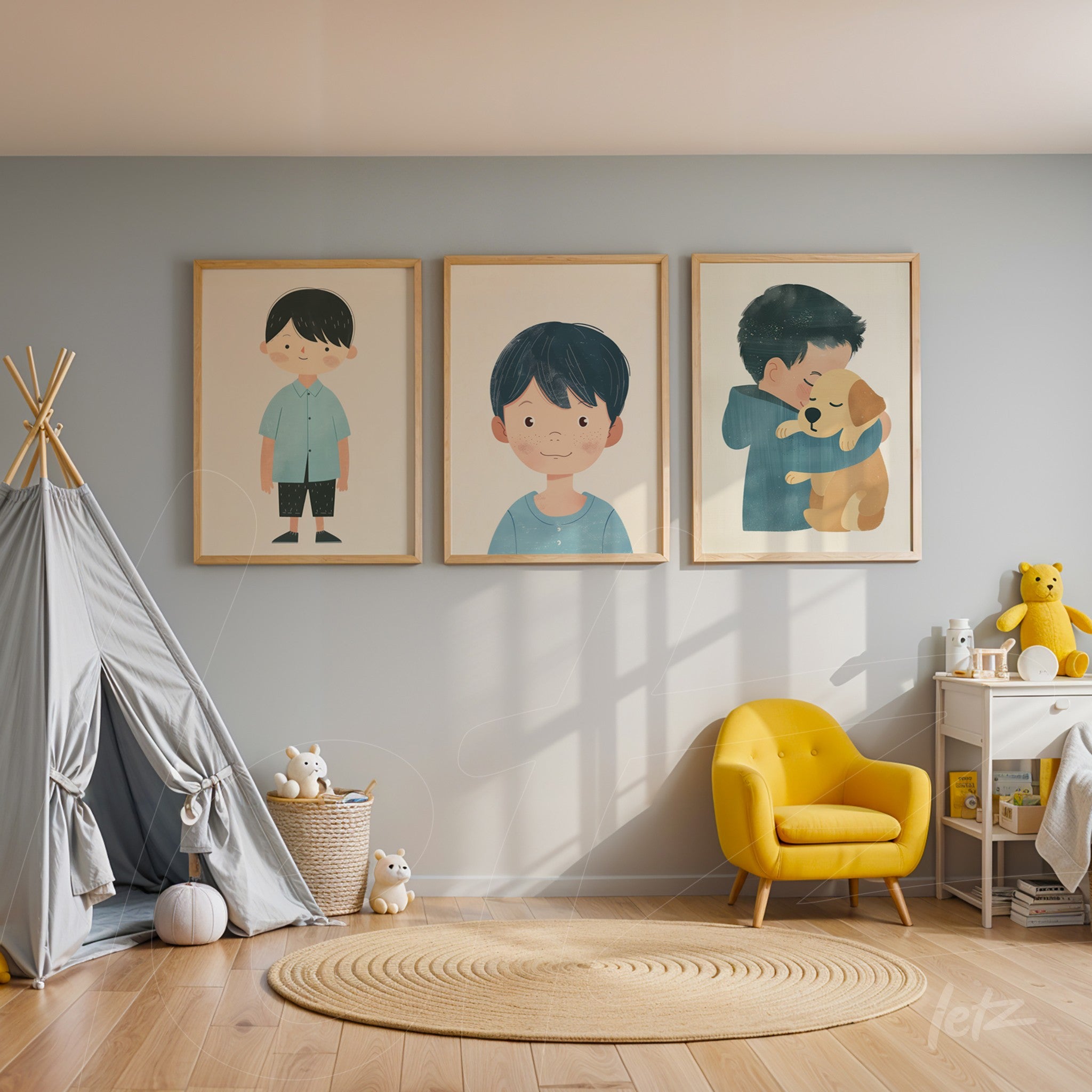 series of children's wall art featuring illustrations of smiling boys and a boy hugging a dog, in light wooden frames on a blue wall
