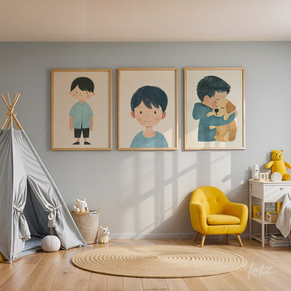 series of children's wall art featuring illustrations of smiling boys and a boy hugging a dog, in light wooden frames on a blue wall