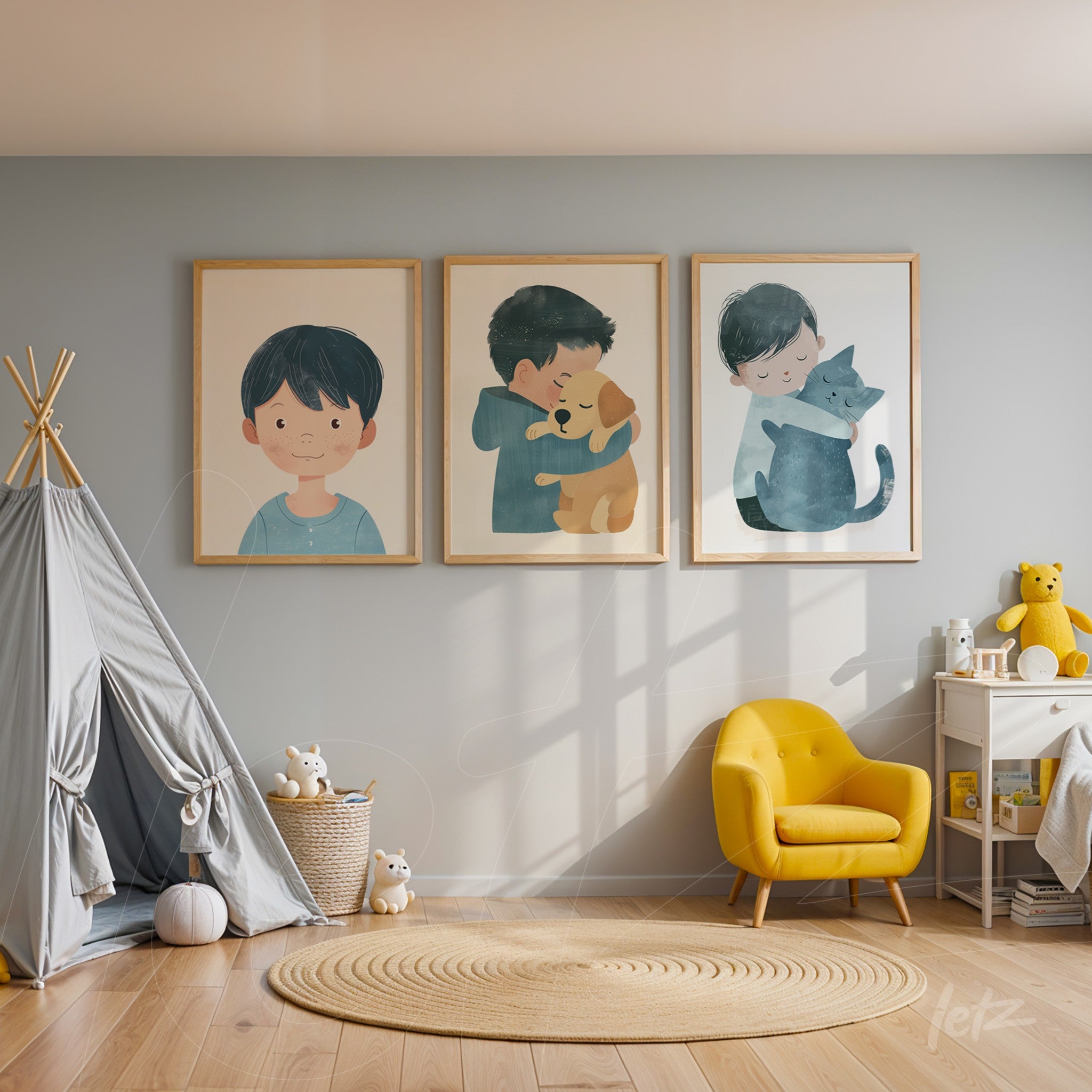 set of three framed illustrations featuring boys with animals on light blue wall