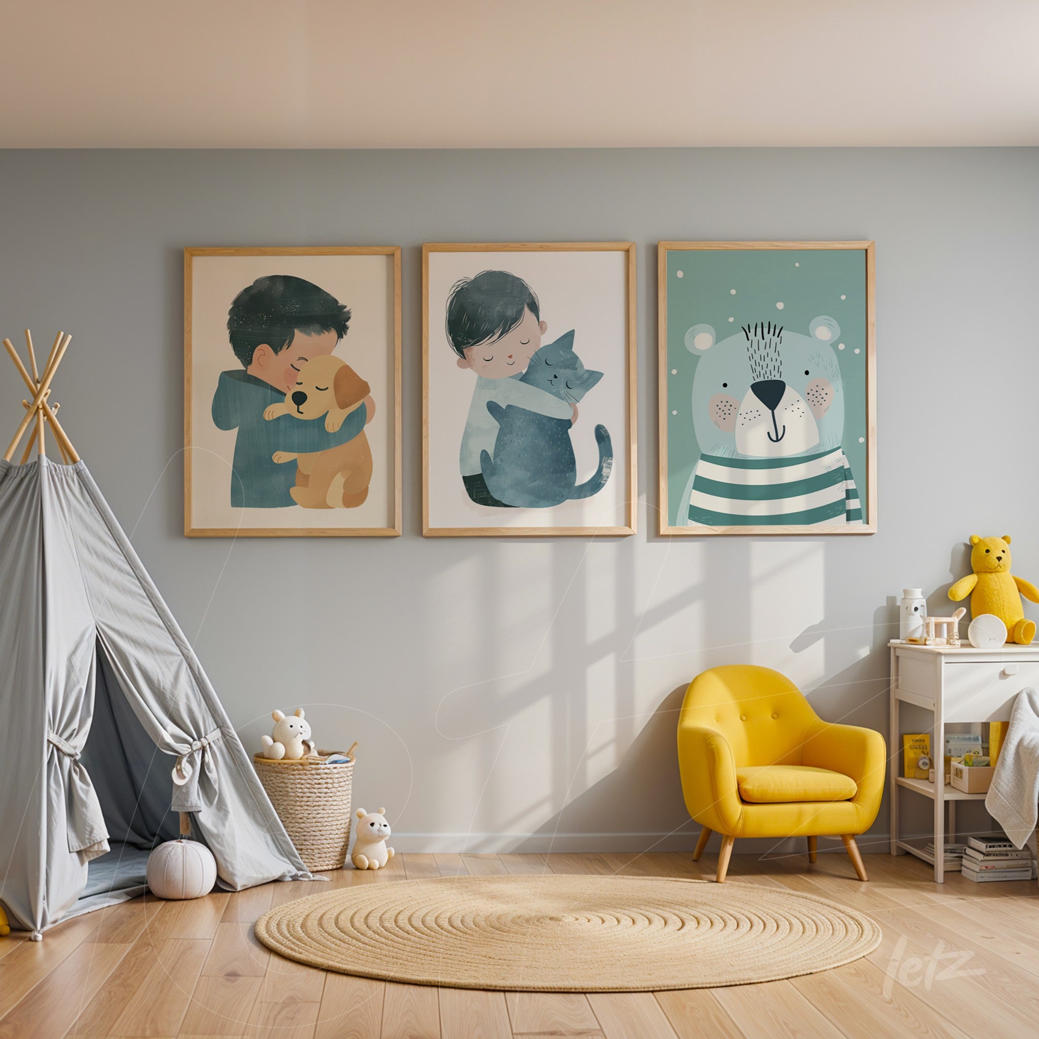 composition of three framed artworks in light wood featuring children's illustrations of kids with pets displayed in a softly decorated children's room