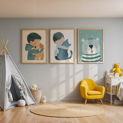 composition of three framed artworks in light wood featuring children's illustrations of kids with pets displayed in a softly decorated children's room