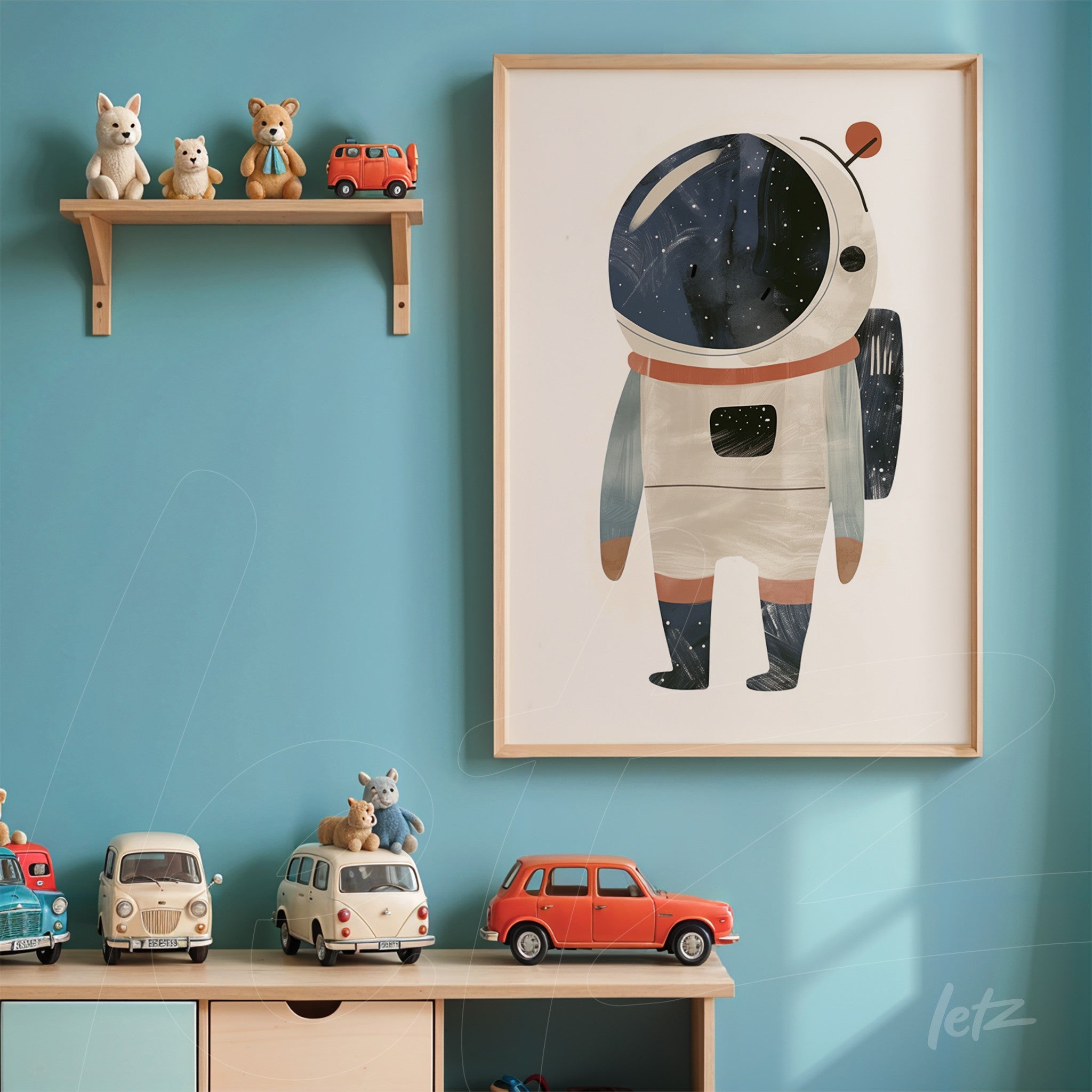 framed illustration of an astronaut in a space background displayed on a blue wall