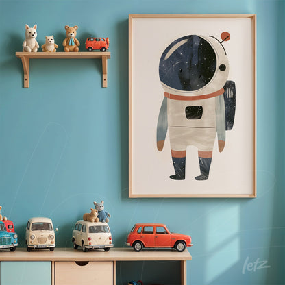 framed illustration of an astronaut in a space background displayed on a blue wall