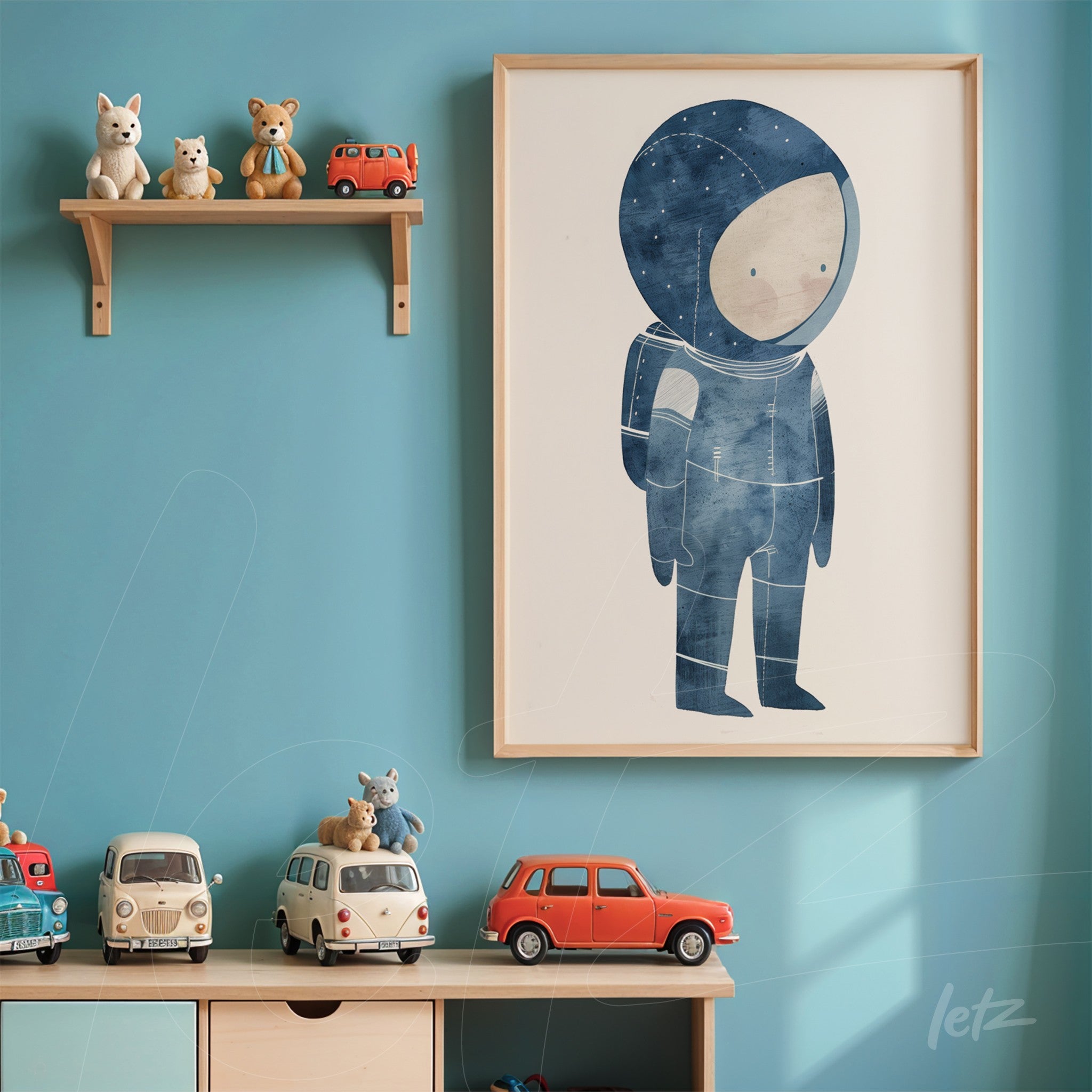framed illustration of an astronaut in a light frame on a blue wall, with a shelf of toys above