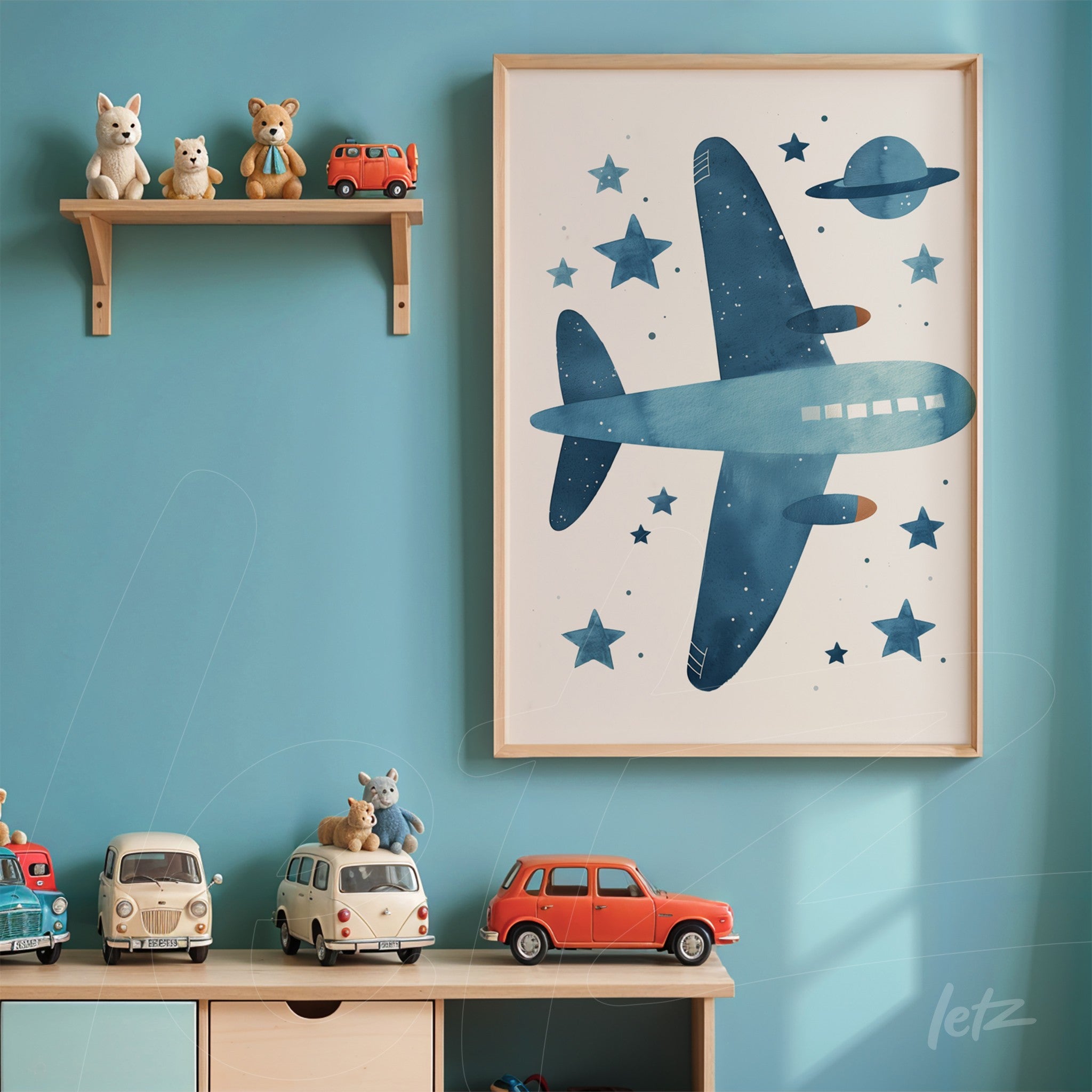 framed illustration of a blue airplane in a starry background with a light wood frame displayed on a blue wall