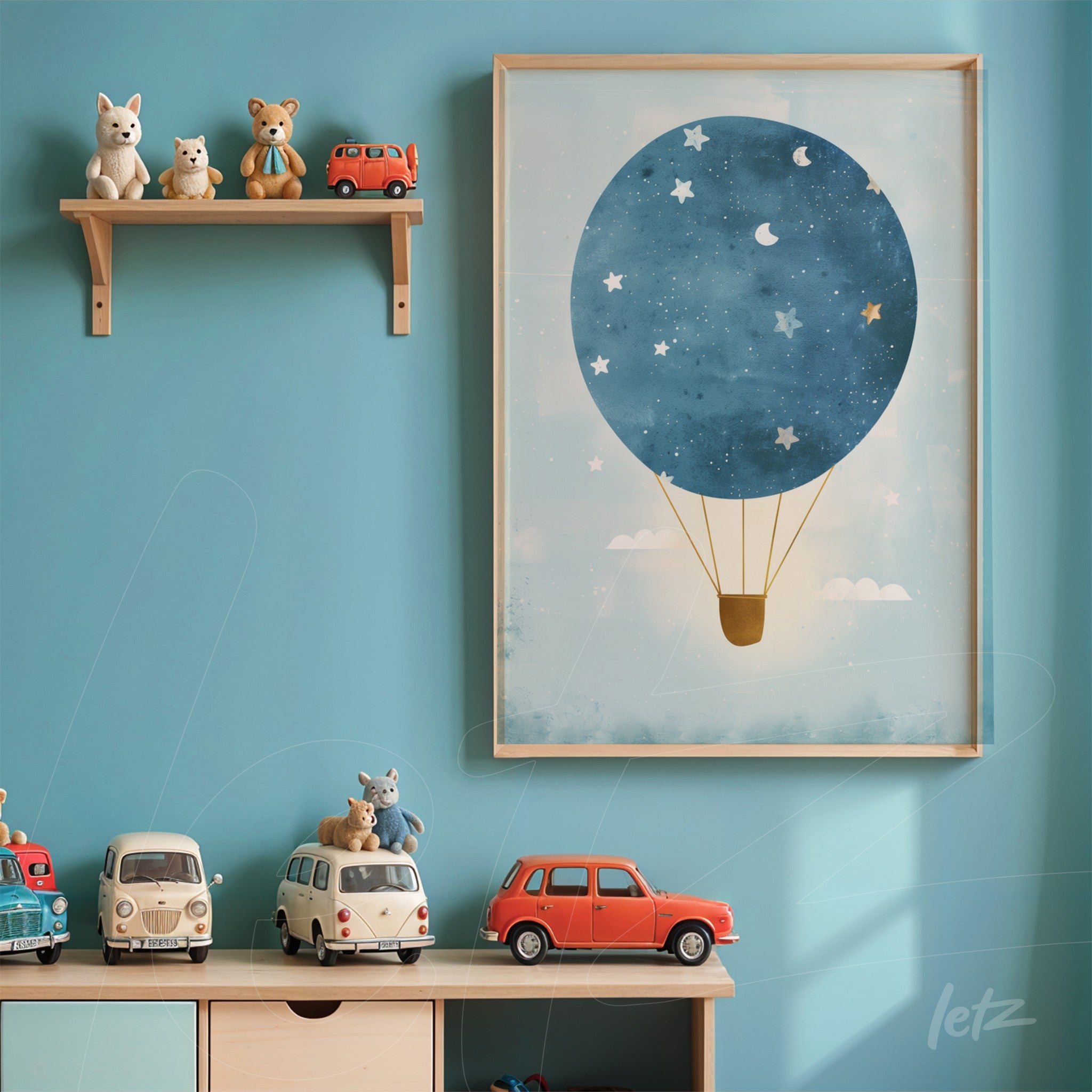 framed art featuring a hot air balloon illustration in blue tones on a soft background, displayed in a children's room with a shelf and colorful toys