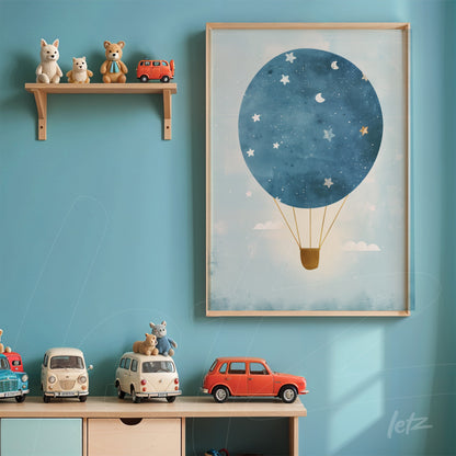 framed art featuring a hot air balloon illustration in blue tones on a soft background, displayed in a children's room with a shelf and colorful toys