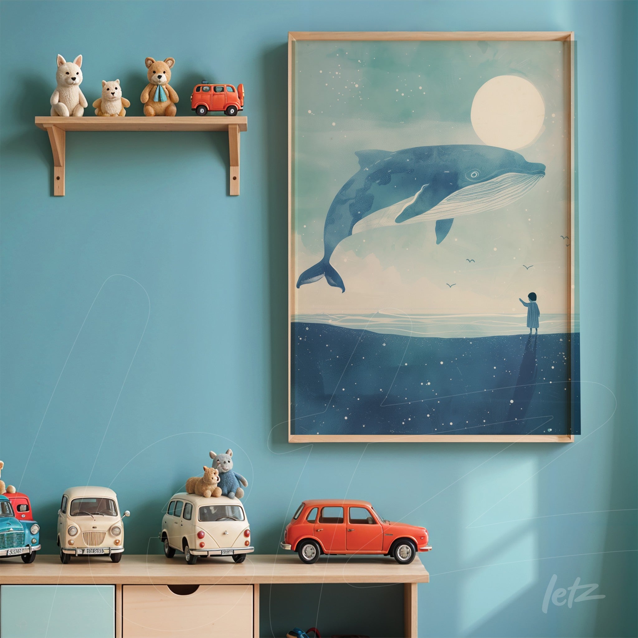 framed artwork of a large blue whale jumping under moonlight, displayed on a blue wall with wooden frame, decorated with toy cars on a shelf