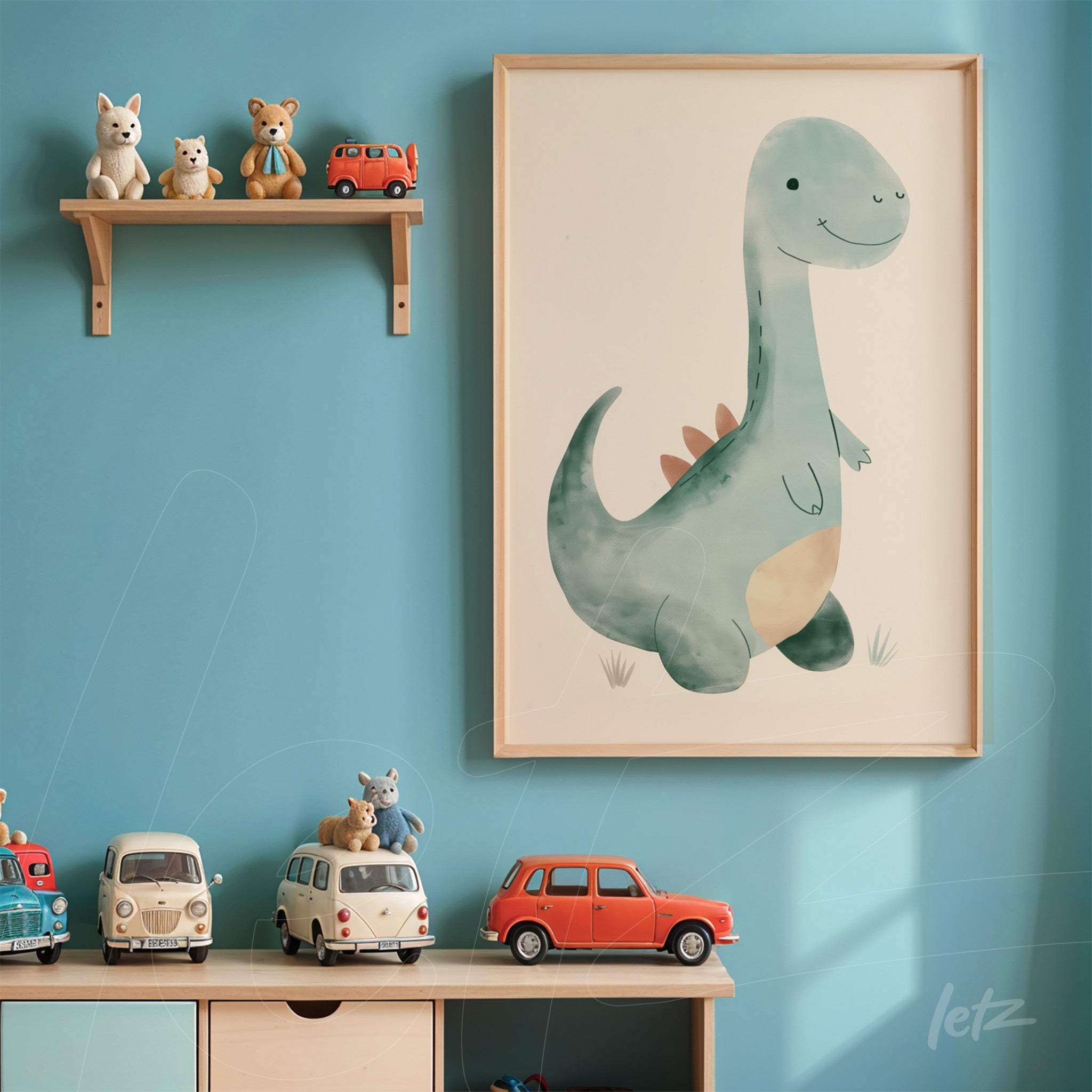 framed wall art featuring a dinosaur illustration in light frame against a blue wall, decorated with a shelf and colorful toys in the foreground