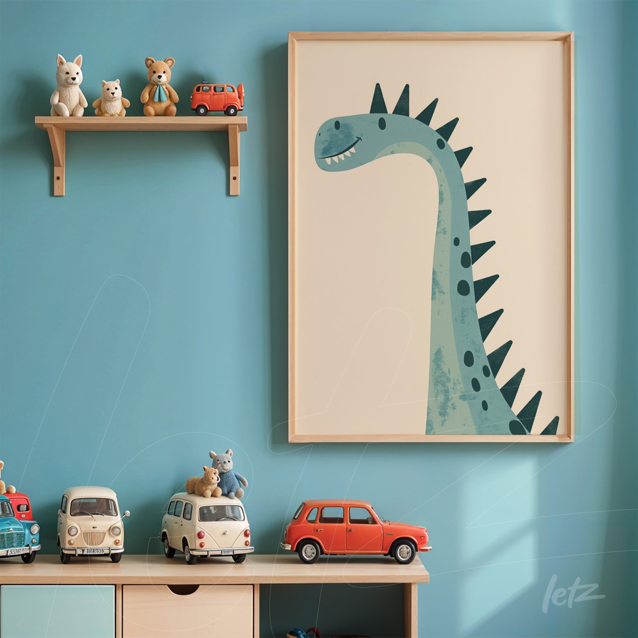 framed wall art of a blue dinosaur in light wood frame displayed on blue wall with shelf of toys