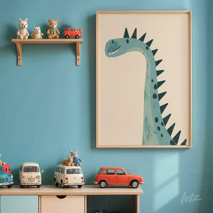 framed wall art of a blue dinosaur in light wood frame displayed on blue wall with shelf of toys