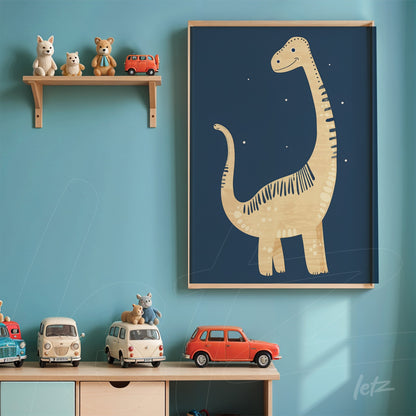 framed artwork of a dinosaur illustration on deep blue background displayed in a playful setting with toys