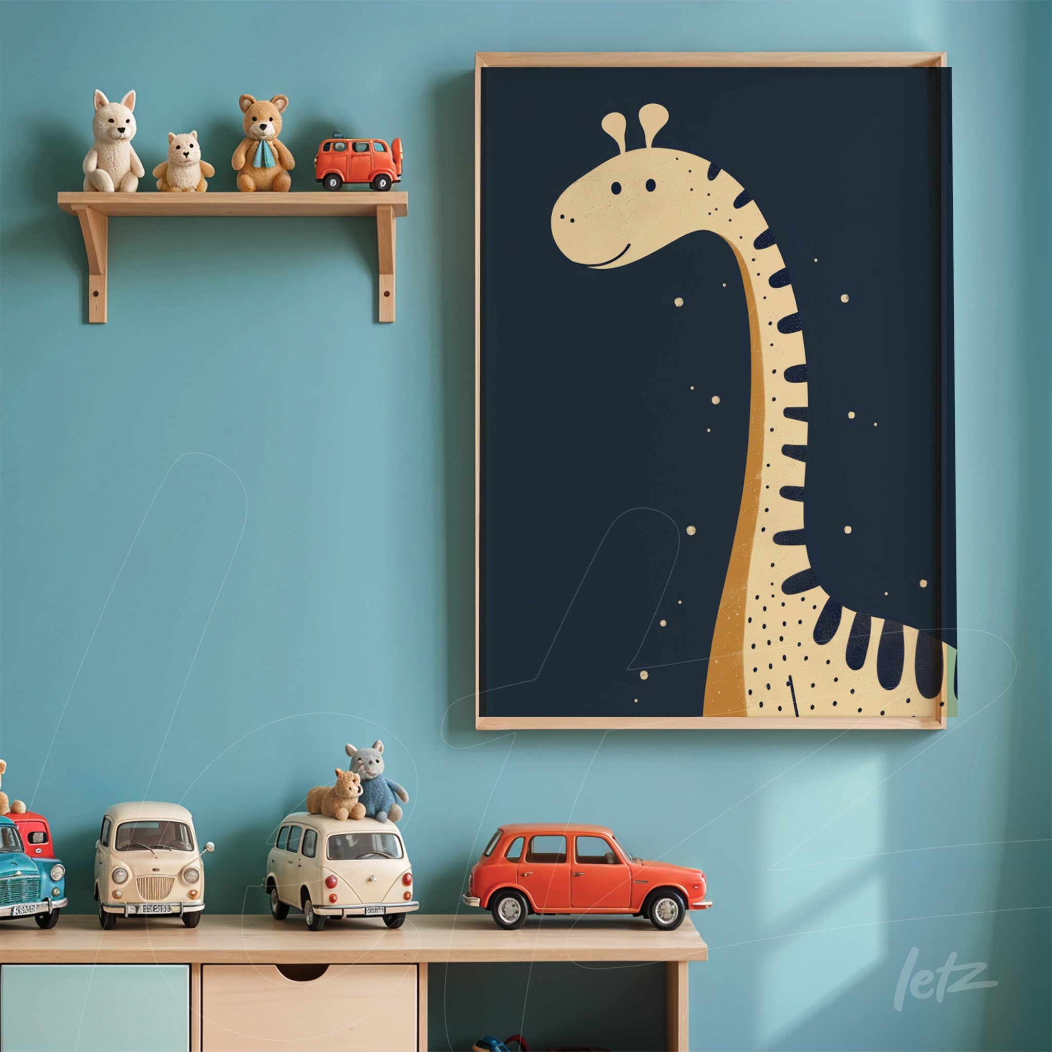 framed artwork of a giraffe against a dark blue background, displayed on a blue wall with a shelf