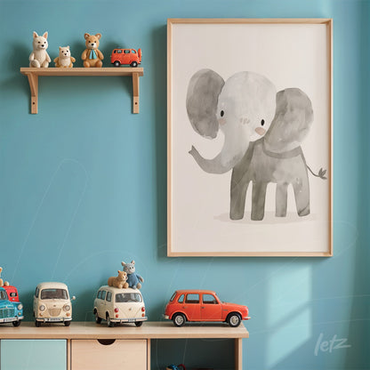 framed artwork depicting a gray elephant on a light wood frame, displayed on a blue wall with a toy shelf