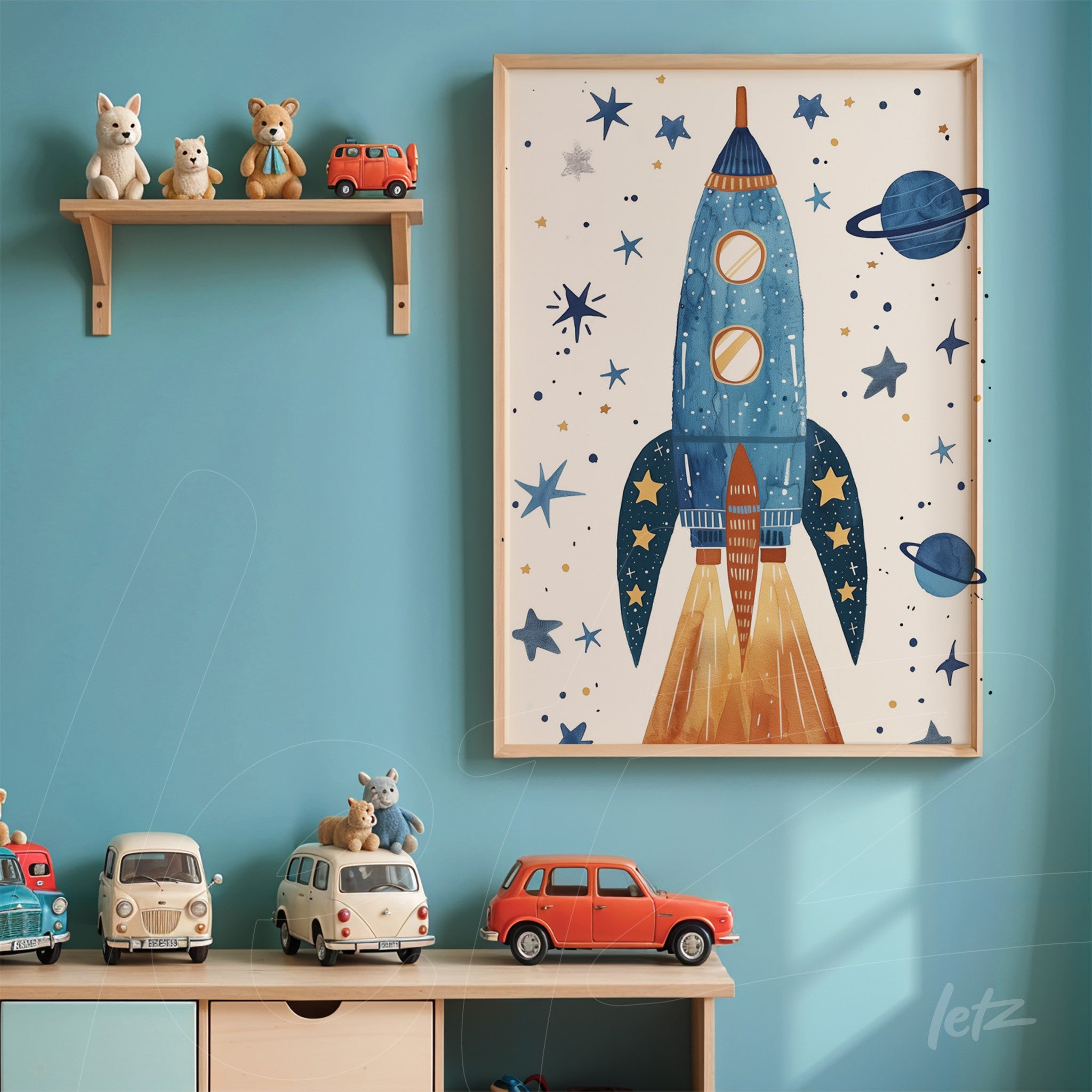 framed wall art featuring a rocket illustration on blue background with stars around