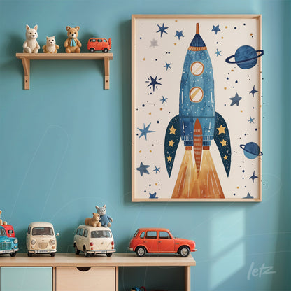 framed wall art featuring a rocket illustration on blue background with stars around