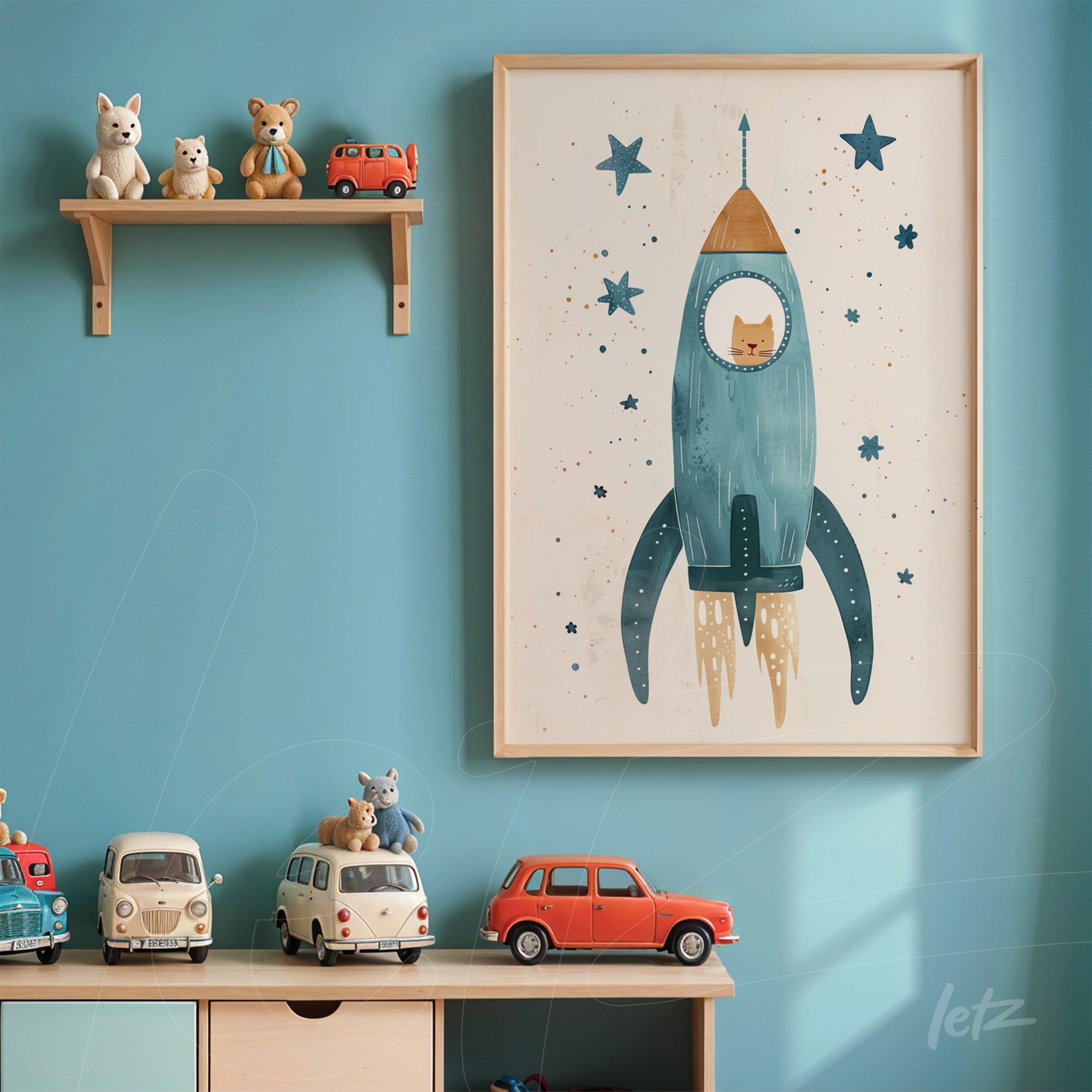 framed illustration of a blue rocket with a cat inside displayed on a blue wall featuring a shelf of toys