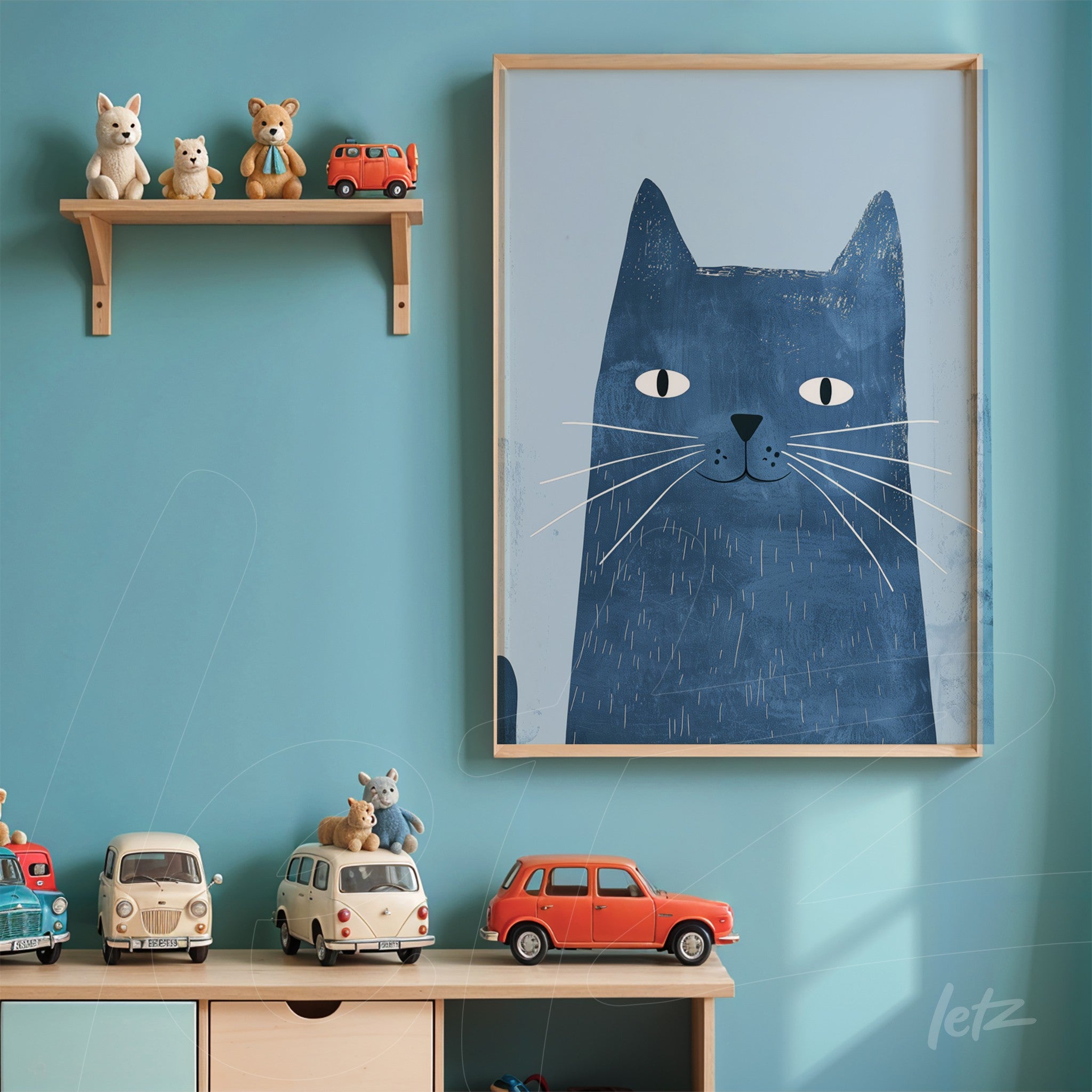framed artwork of a stylized cat in shades of light and dark blue, displayed on a blue wall with a wooden shelf of toys
