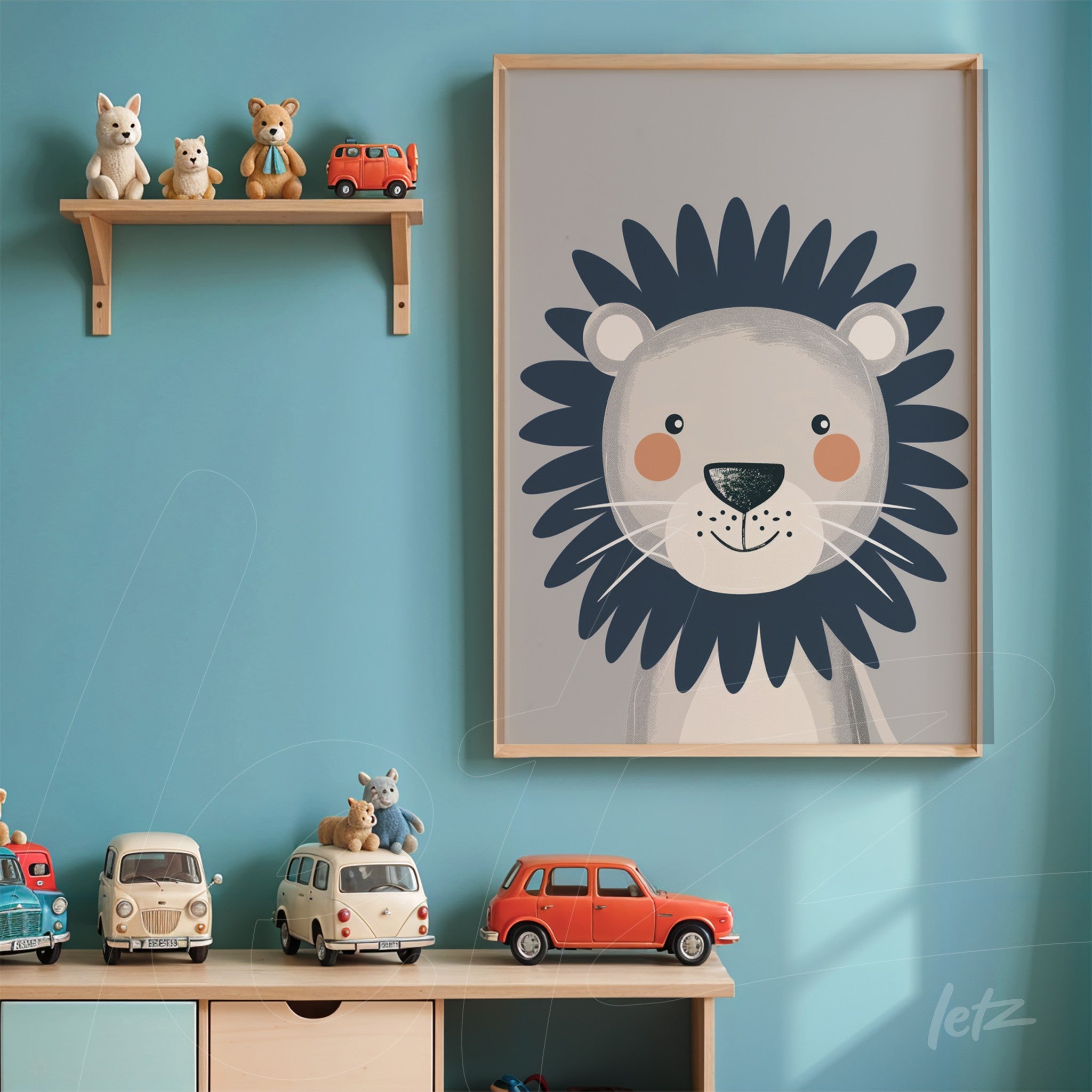 framed wall art featuring a smiling lion illustration with a light frame displayed against a blue wall