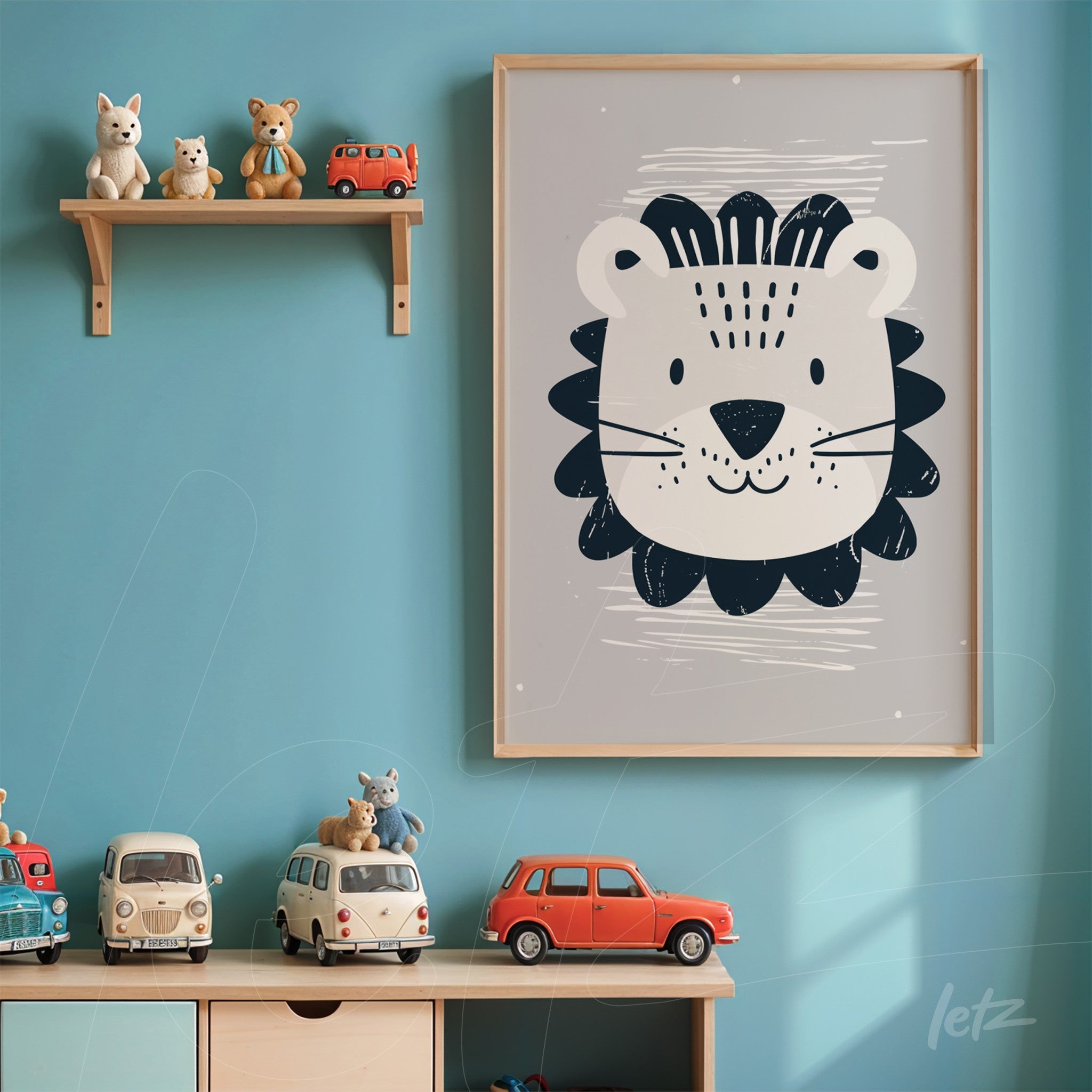 framed art featuring a stylized lion illustration with a light wood frame displayed on a blue wall