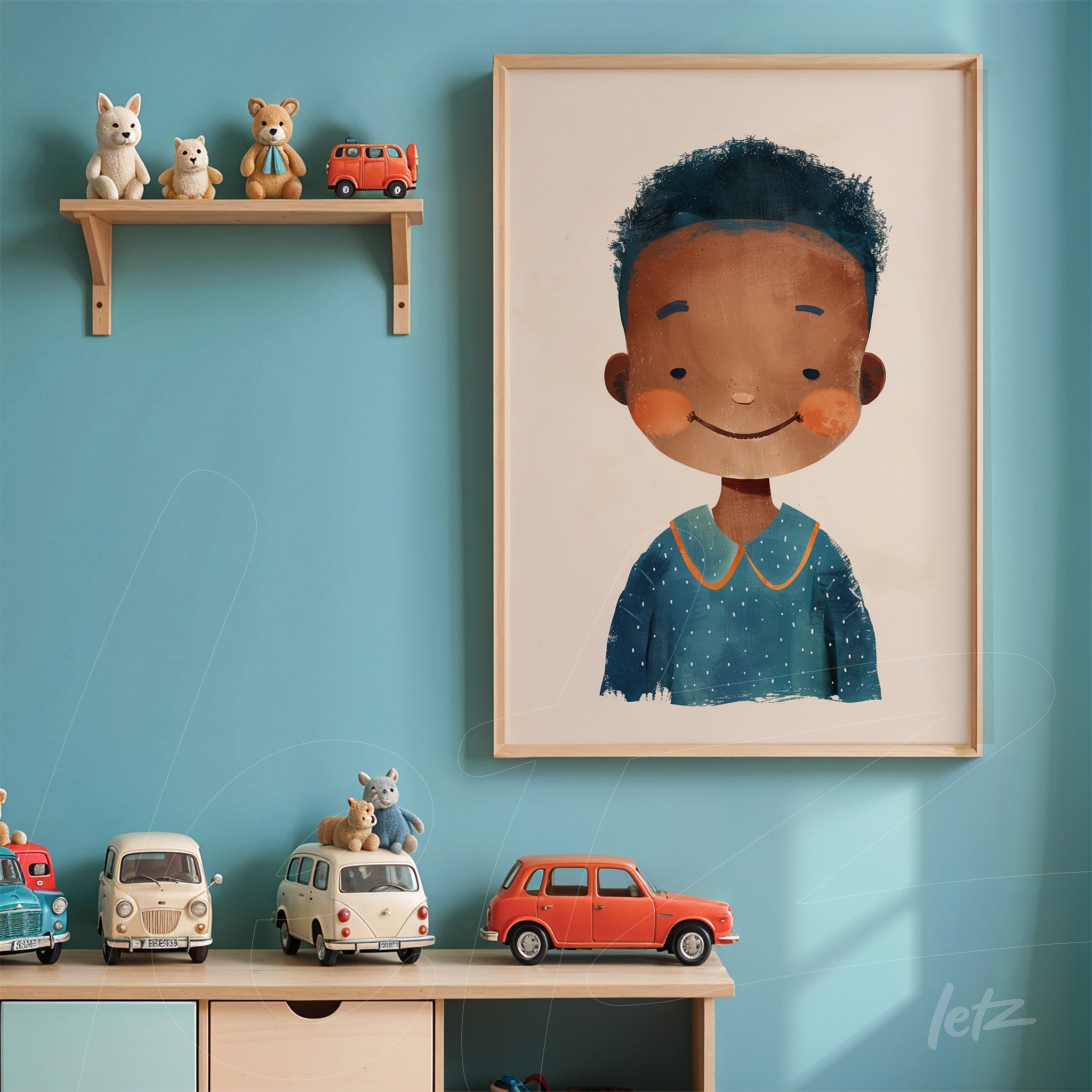 framed artwork featuring a smiling boy with dark skin and curly hair, displayed on a blue wall next to a shelf filled with toys