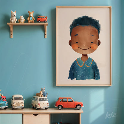 framed artwork featuring a smiling boy with dark skin and curly hair, displayed on a blue wall next to a shelf filled with toys