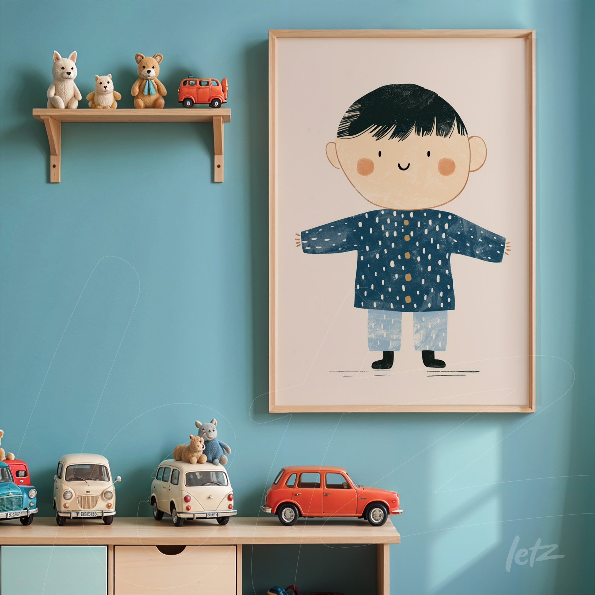 framed children’s illustration of a smiling boy in a blue outfit on a light blue wall