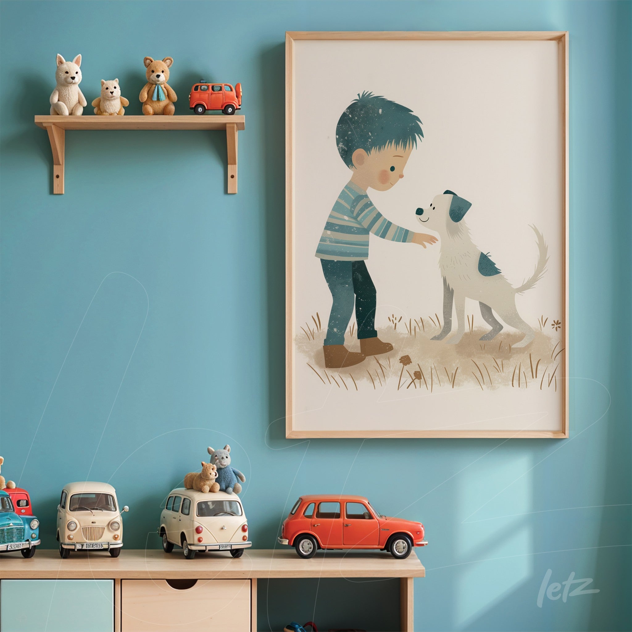 framed wall art featuring a boy affectionately interacting with a dog, set against a blue wall with light wood frame