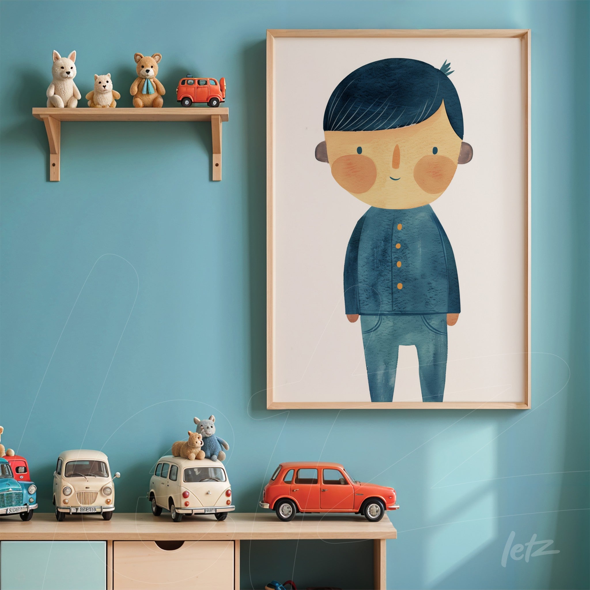 framed wall art featuring a cute illustration of a young boy with short hair and blue clothes in a light wooden frame
