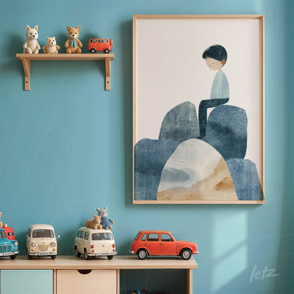 framed wall art featuring a minimalist illustration of a boy sitting on rocks with light wood frame against a blue wall
