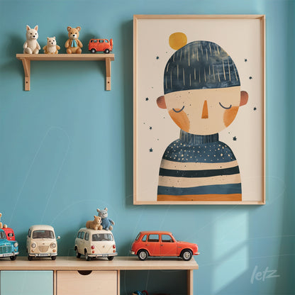 framed children's illustration of a character with a blue hat and stripes on light blue wall