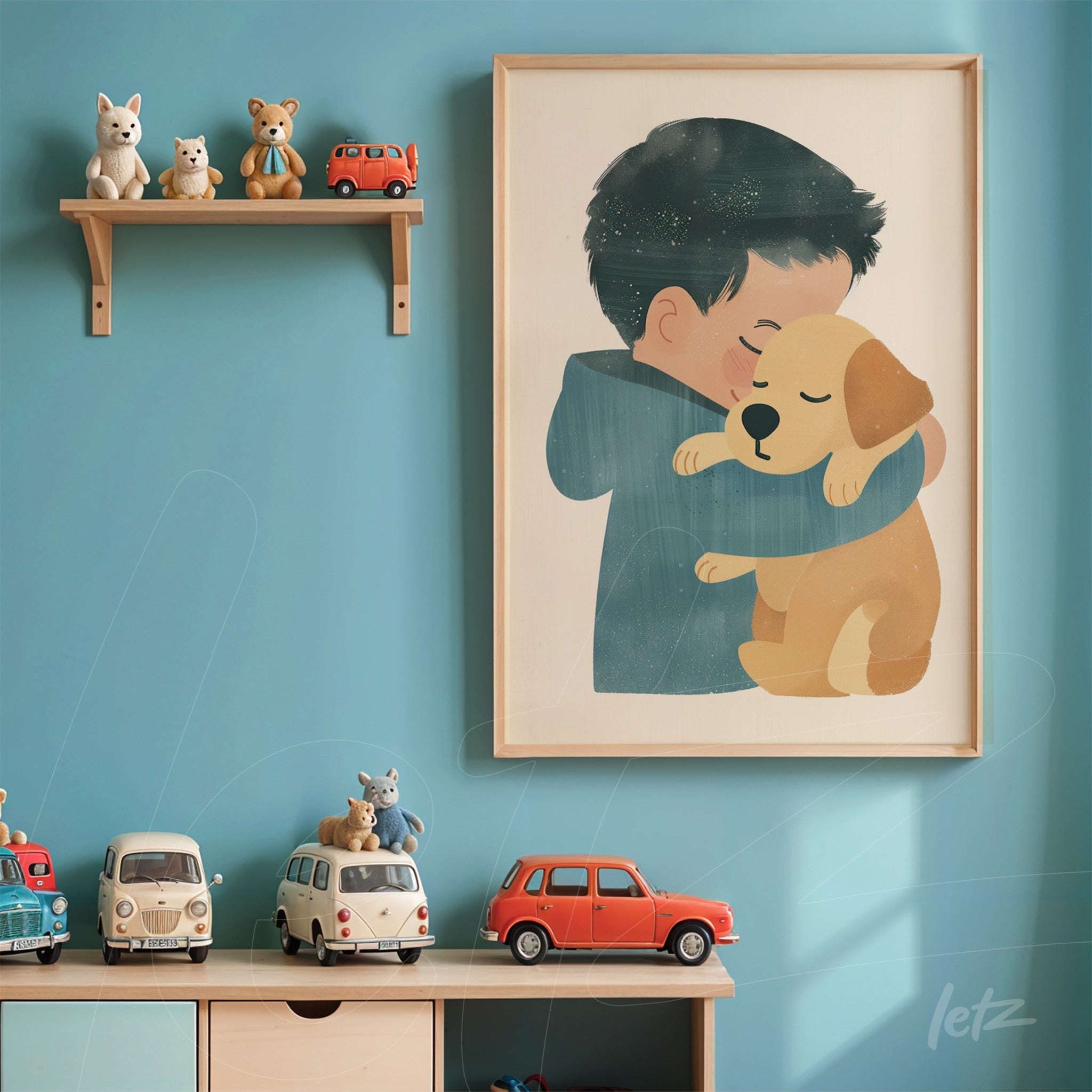 decorative wall art featuring a child hugging a dog, with a light frame and blue background
