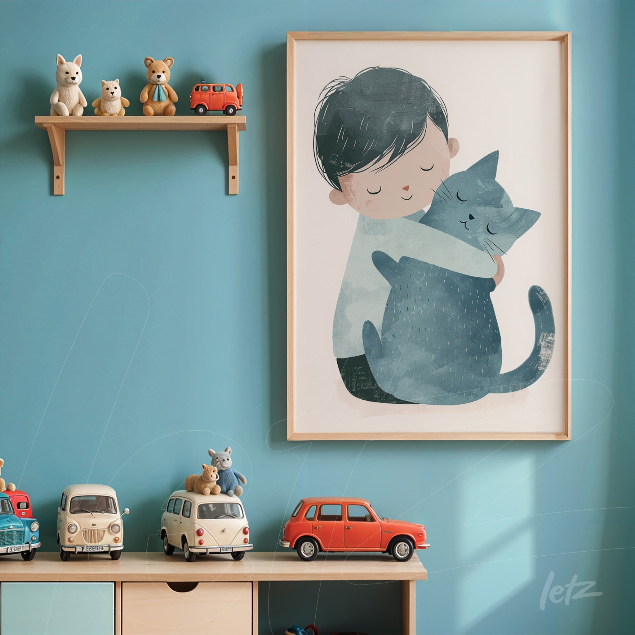 framed wall art of a boy hugging a cat with a blue background