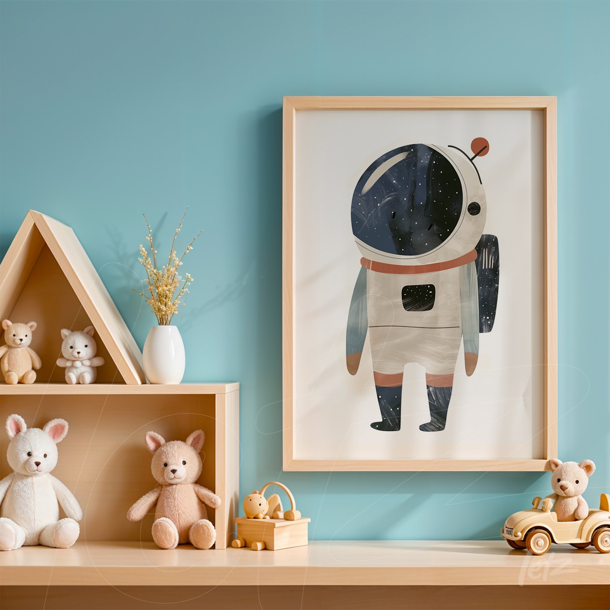 framed wall art featuring an astronaut illustration in light wood frame displayed on blue wall alongside plush toy shelves