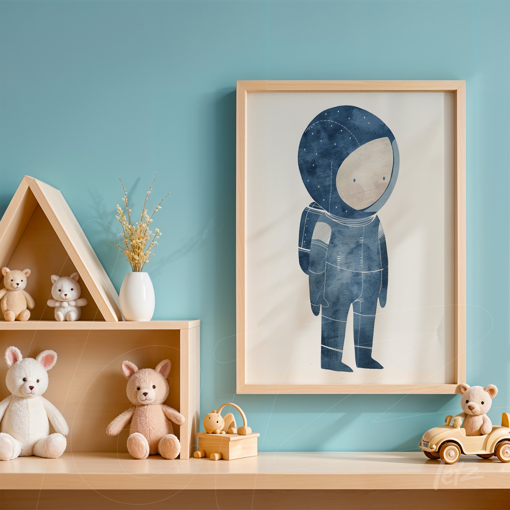 framed children's art of astronaut in light frame on blue wall in a room decorated with toys