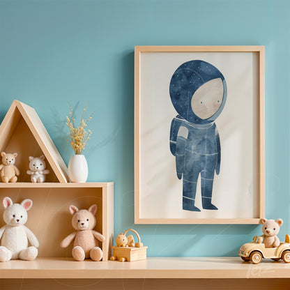 framed children's art of astronaut in light frame on blue wall in a room decorated with toys