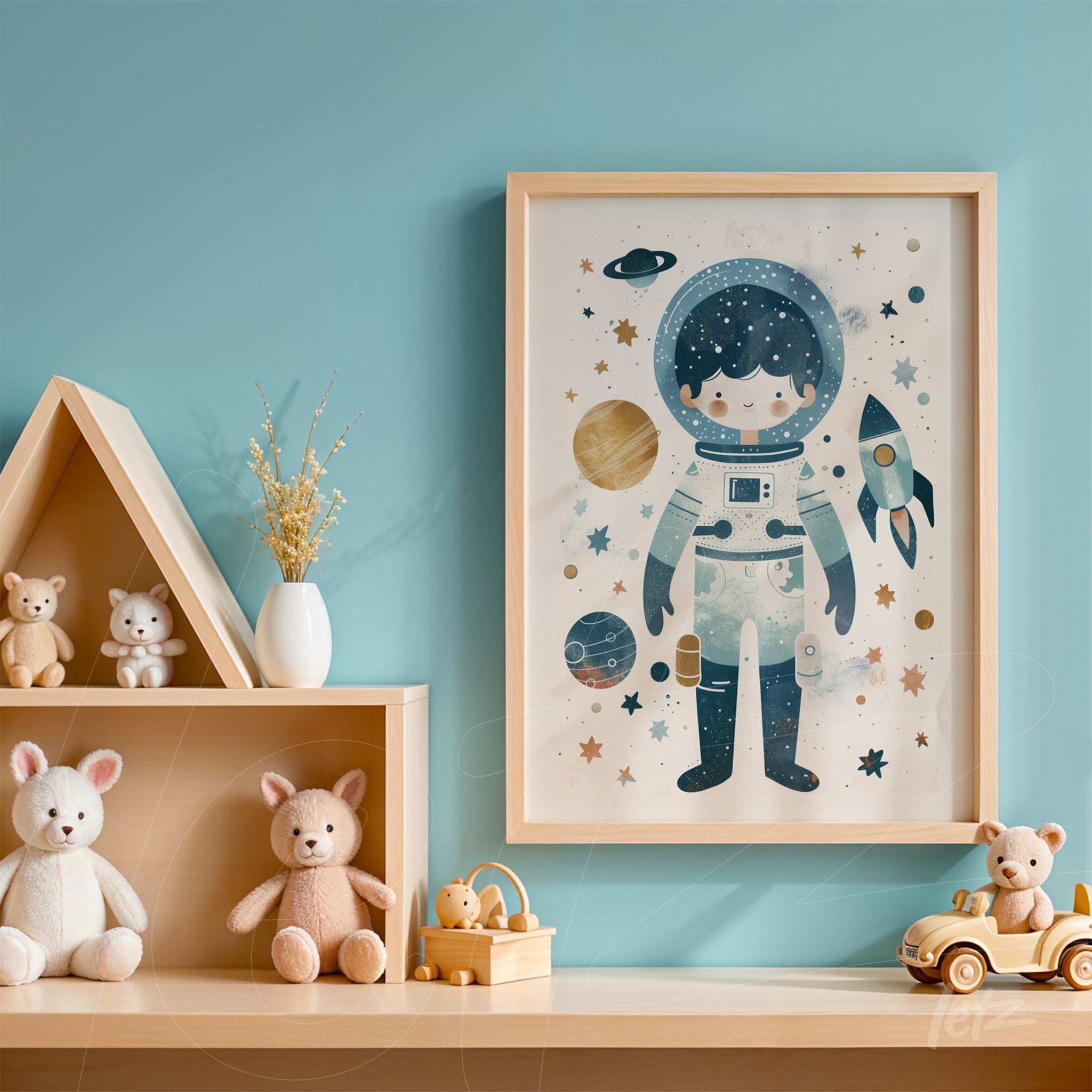 framed artwork of a child astronaut against a blue wall, featuring wooden frame and plush toys decor