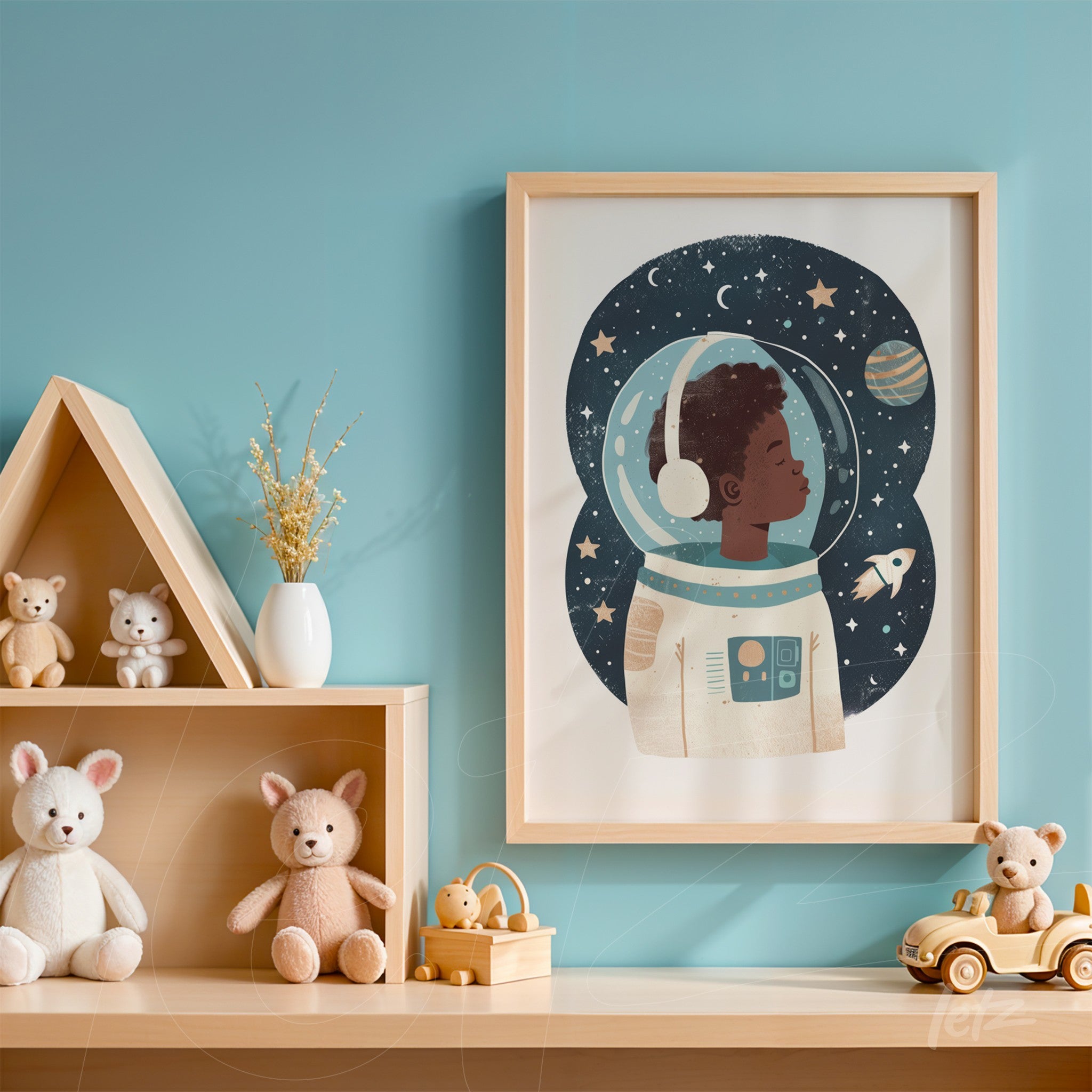 framed children's art of a young astronaut against a blue background with a natural frame
