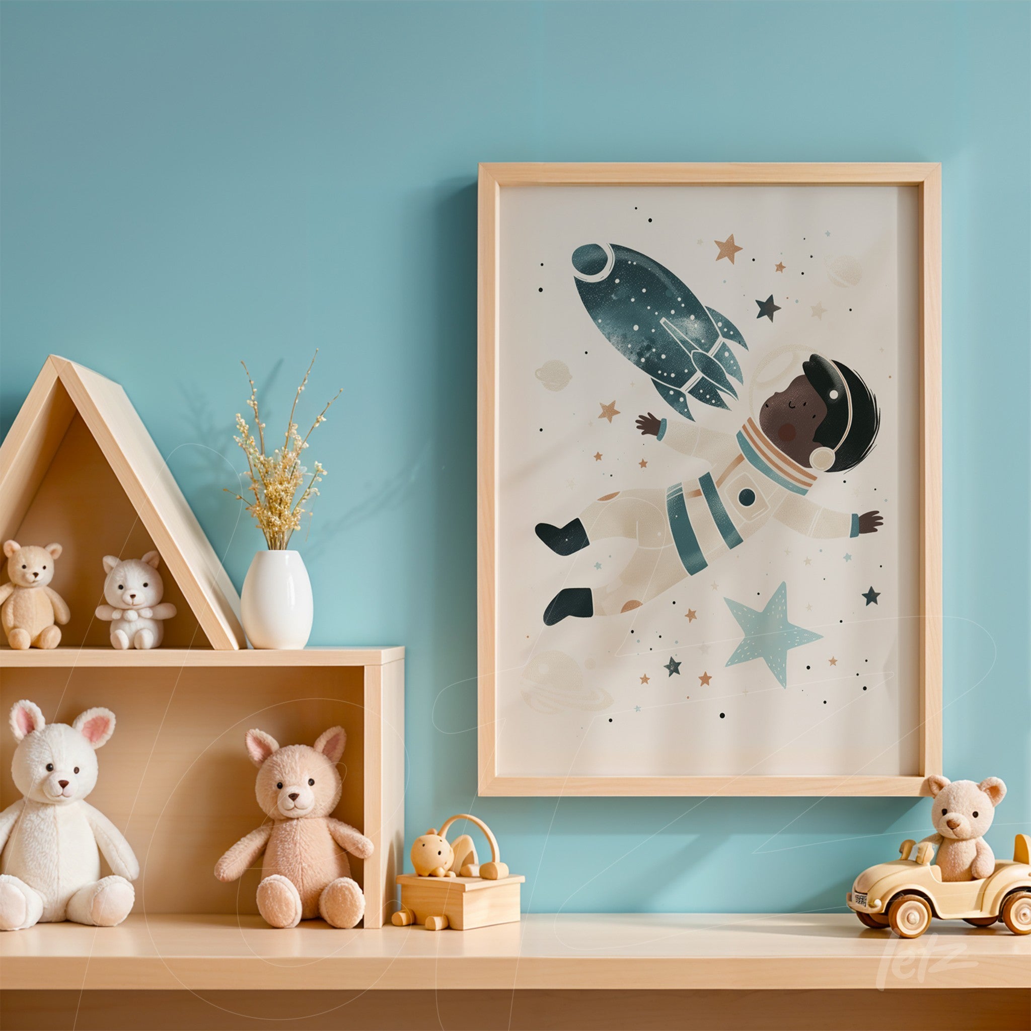 framed wall art depicting a black astronaut floating among stars with a light-colored frame against a blue background
