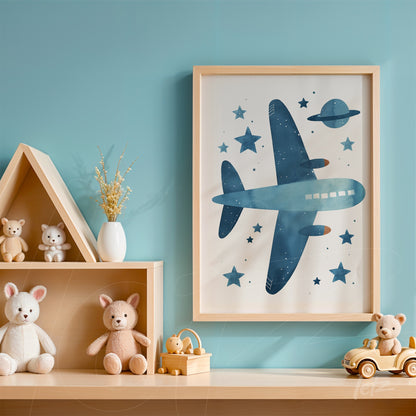 framed artwork of a blue airplane on a light background with wooden frame and stars around it