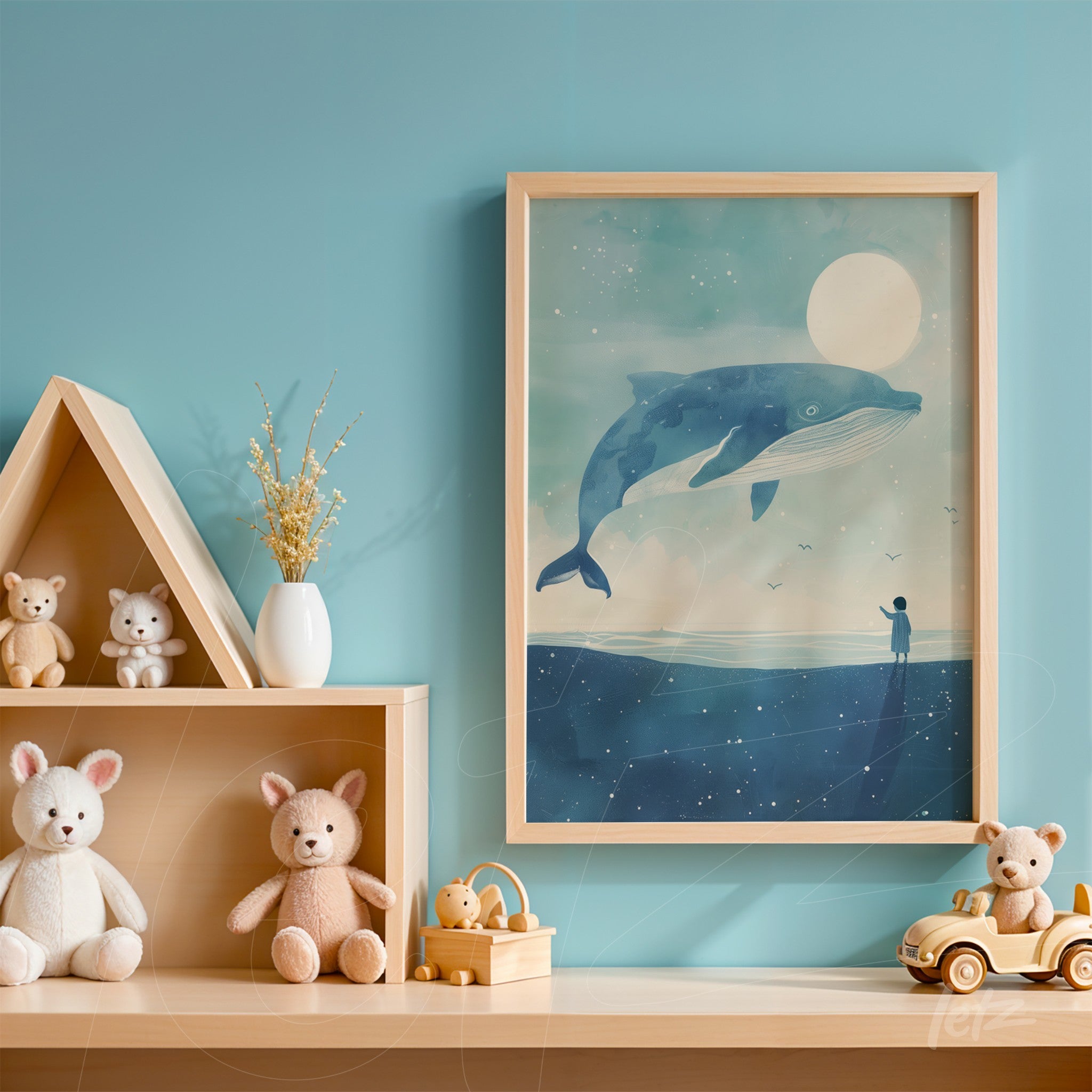 framed art print of a whale swimming under a moonlight, displayed on a blue wall alongside plush toys