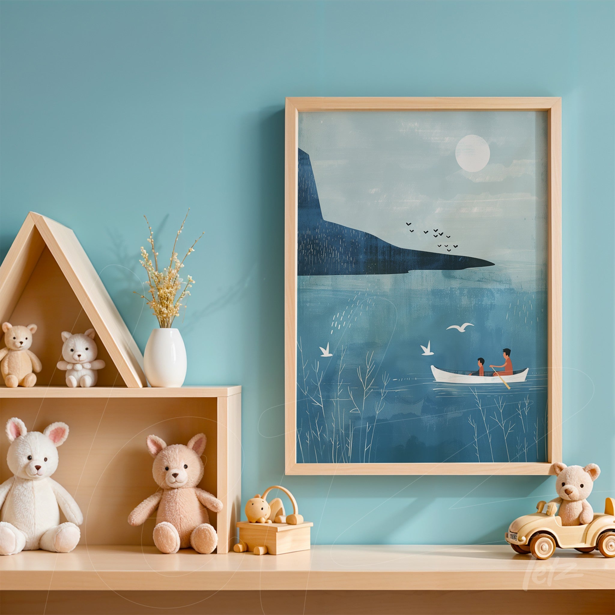 framed wall art featuring a minimalist illustration of a couple in a boat on a serene lake with a light wood frame against a blue wall