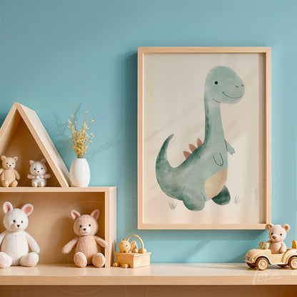 framed watercolor illustration of a dinosaur in light wood display on a shelf in a children's room