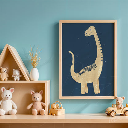 framed illustration of a dinosaur on a blue wall with a light frame