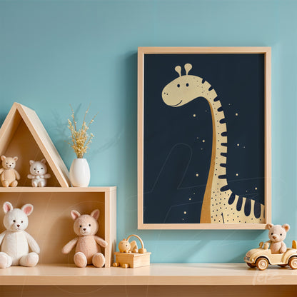 decorative wall art of a stylized giraffe in a light frame with dark blue background showcased on a wooden shelf next to children's toys