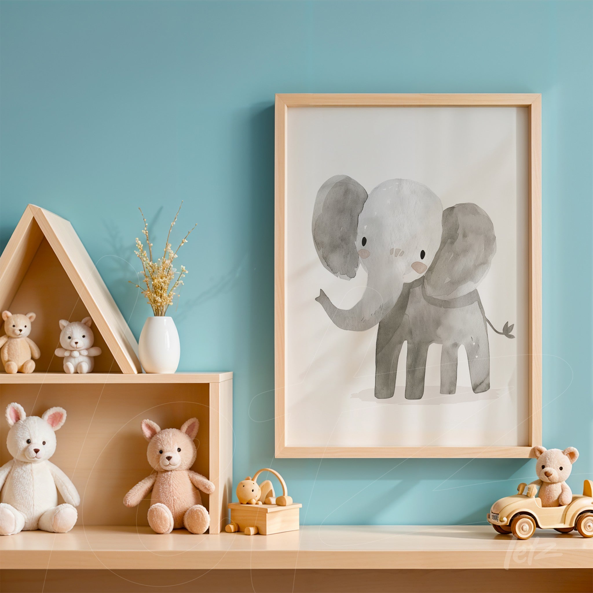 framed wall art featuring a gray elephant illustration in a light wood frame displayed on a wooden shelf with toys