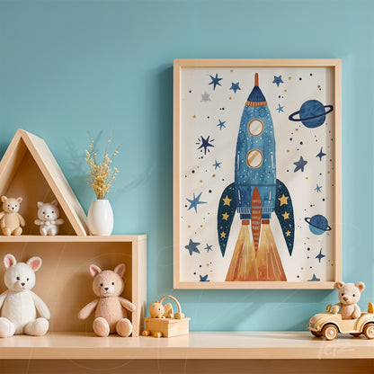 children's wall art of a rocket in a starry background, framed in light wood, displayed on a light wood shelf with toys